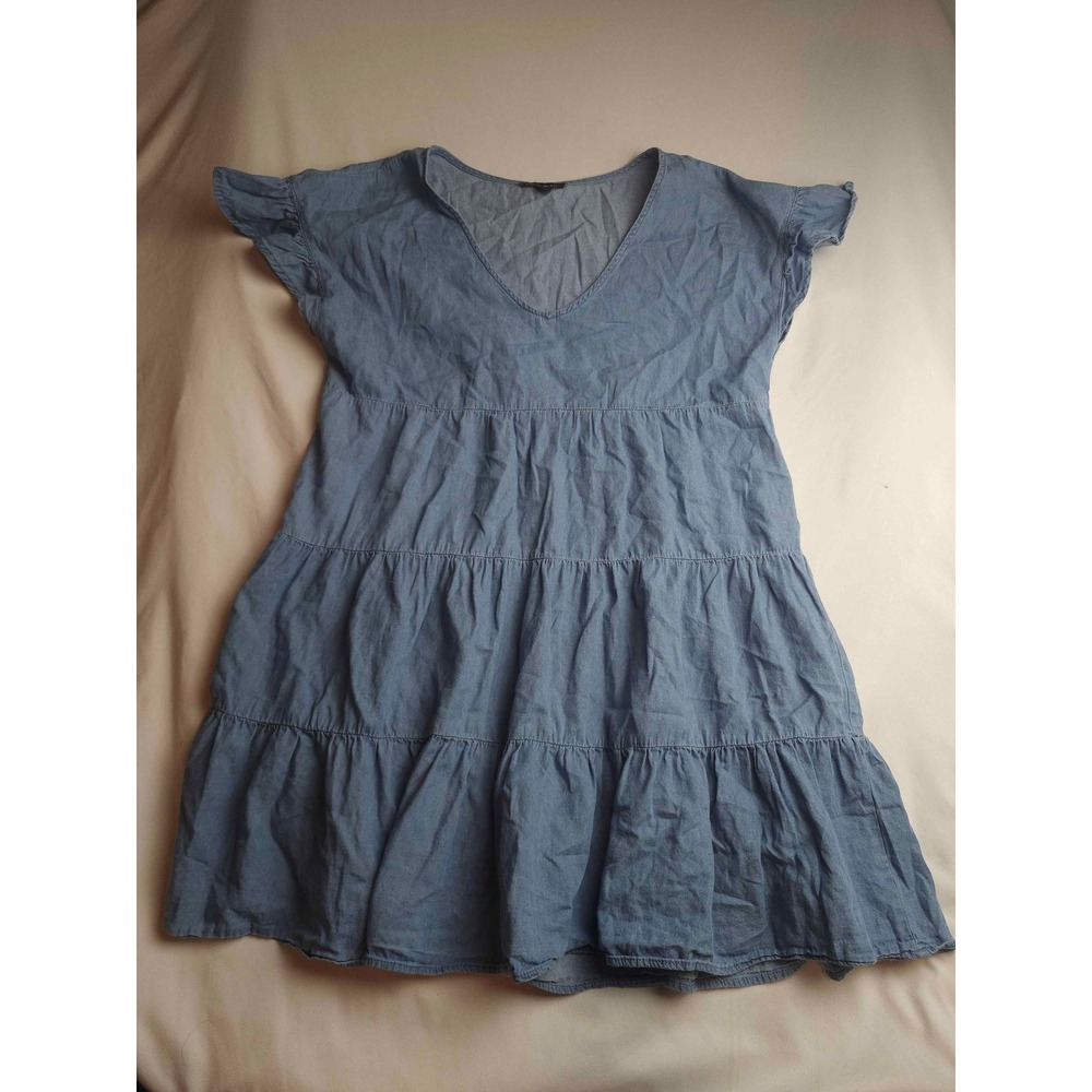 As U Wish Blue Chambray Tiered Mini Dress V-Neck Flutter Sleeve Cotton Medium